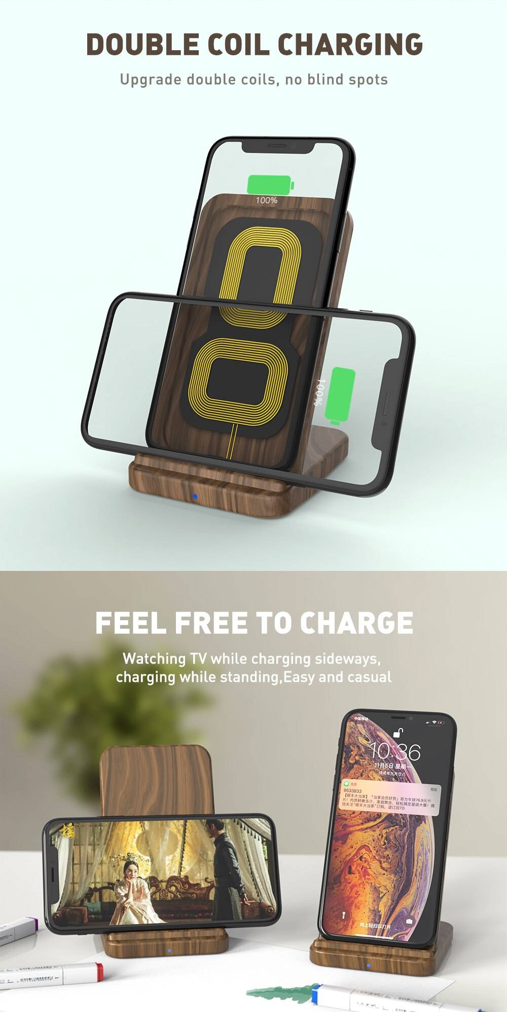 10W Wooden Qi Wireless Charger for iPhone and Samsung