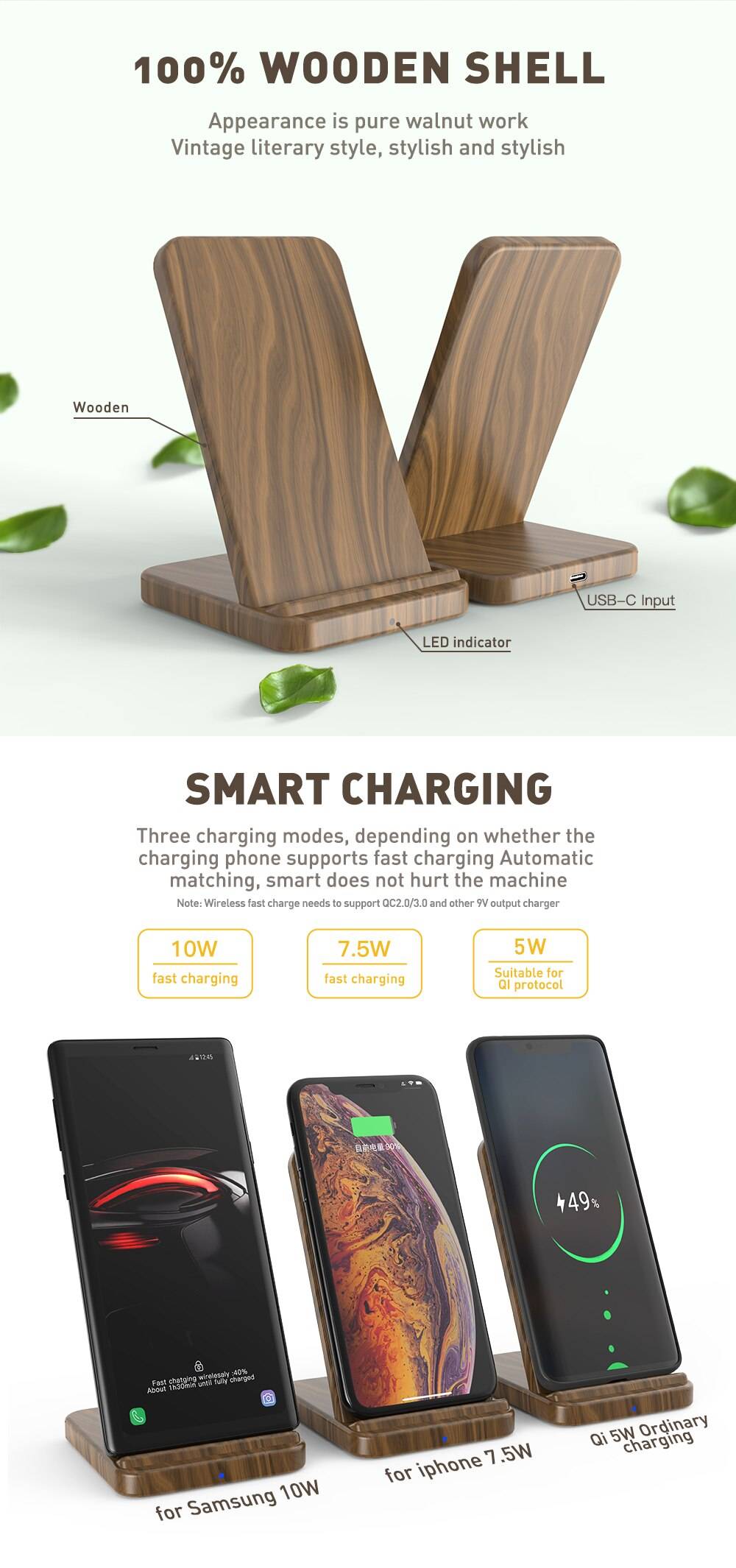 10W Wooden Qi Wireless Charger for iPhone and Samsung