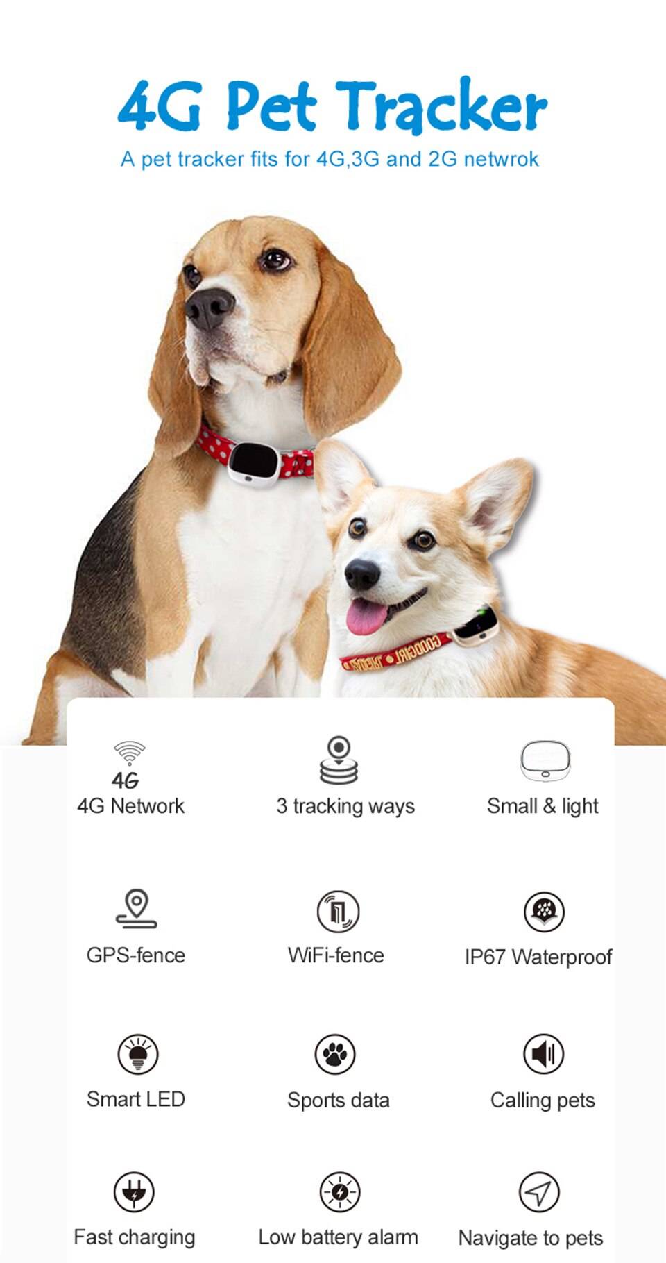 4G Dog GPS Tracker V43 Voice Monitor Pet GPS Tracker Real time Tracking WIFI Cat Locator LTE+WCDMA+GSM Waterpoof IP67 Free APP