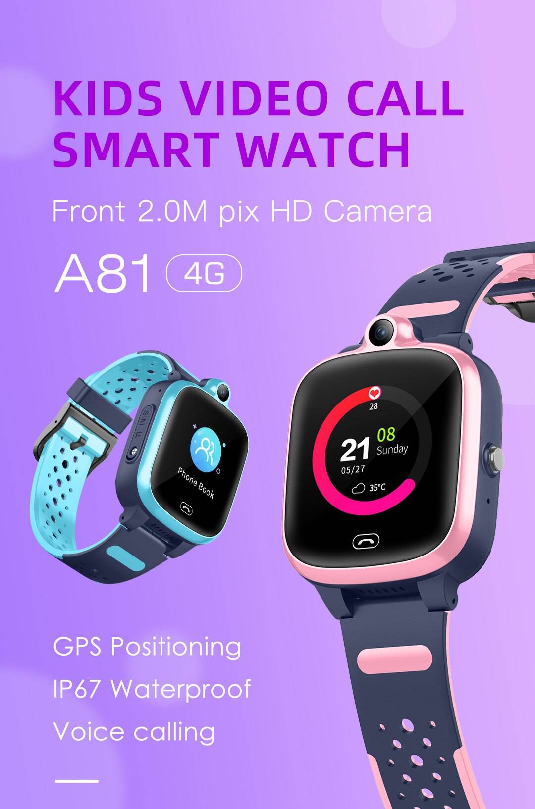 4G A81 Kids Smart Watch Video Call GPS Wifi Position IP67 Waterproof Remote Monitor Camera Baby Smartwatch PK Y95