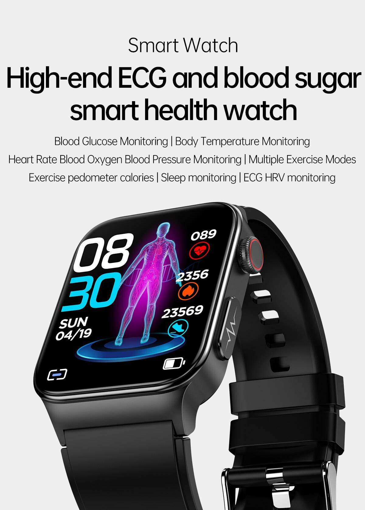 ECG Blood Glucose Blood Pressure Body Temperature Smartwatch – E500