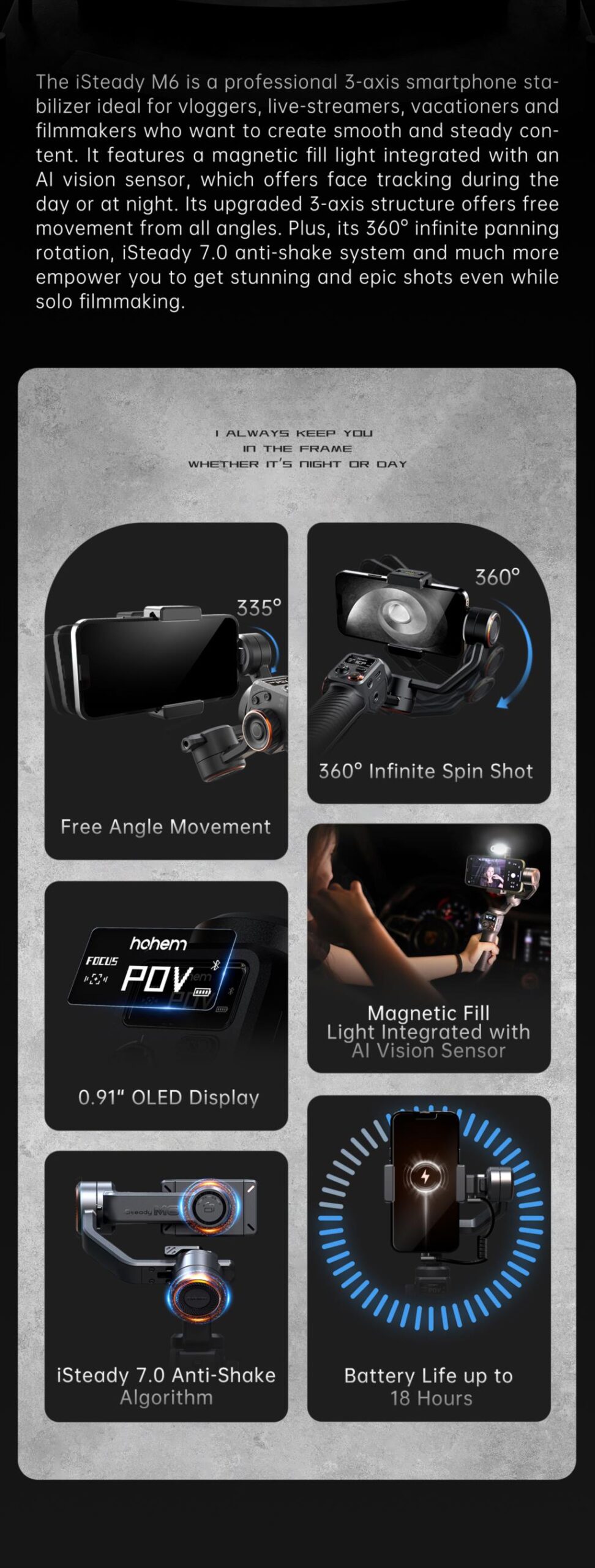 Hohem iSteady M6 Handheld Gimbal Stabilizer Selfie Tripod for Smartphone iPhone 14 pro AI Magnetic Full Color Video Lighting