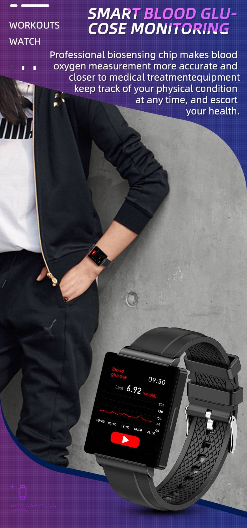 KS01 Smart Watch NFC Access Control Music Men Women Fitness Heart Rate BP Blood Glucose Body Temperature Smartwatch