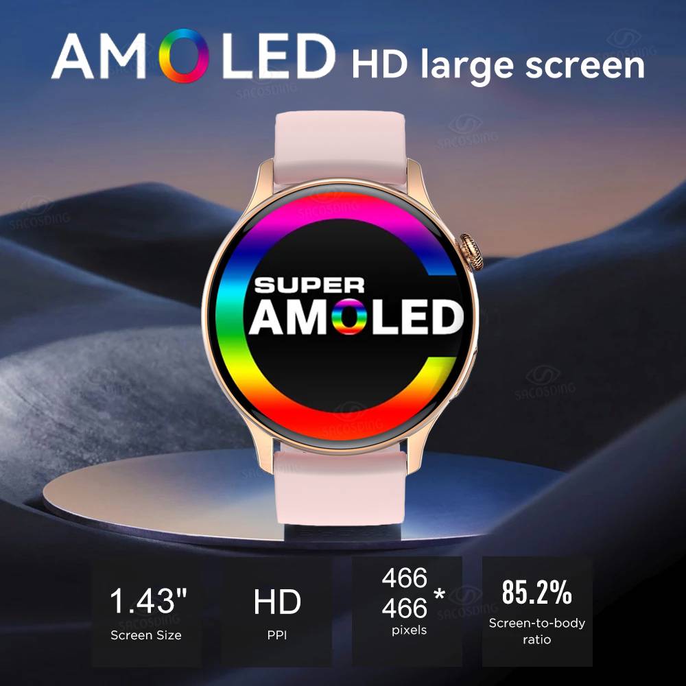 SACOSDING Smartwatch Women 466*466 AMOLED 1.43" HD Screen Always Display Time Bluetooth Call IP68 Waterproof Sports Smart Watch