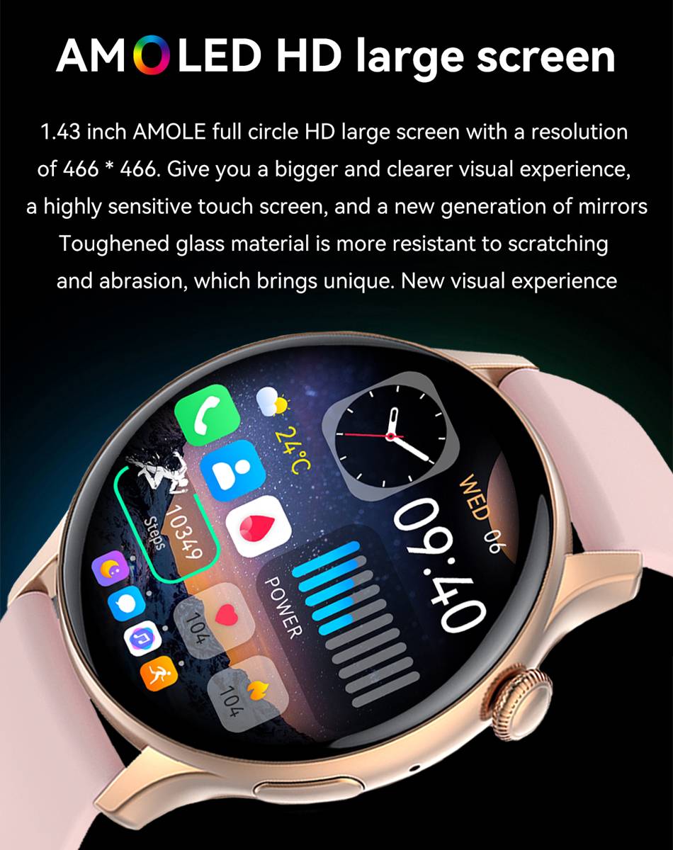 SACOSDING Smartwatch Women 466*466 AMOLED 1.43" HD Screen Always Display Time Bluetooth Call IP68 Waterproof Sports Smart Watch