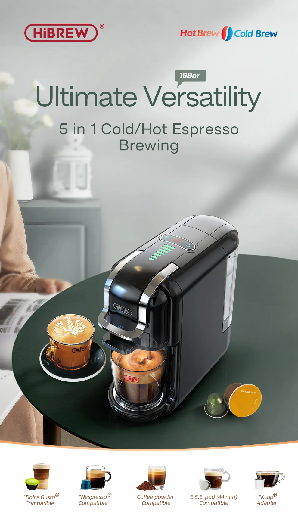 HiBREW Multiple Capsule Coffee Machine, Hot/Cold Dolce Gusto Milk Nespresso Capsule ESE Pod Ground Coffee Cafeteria 19Bar 5 in 1
