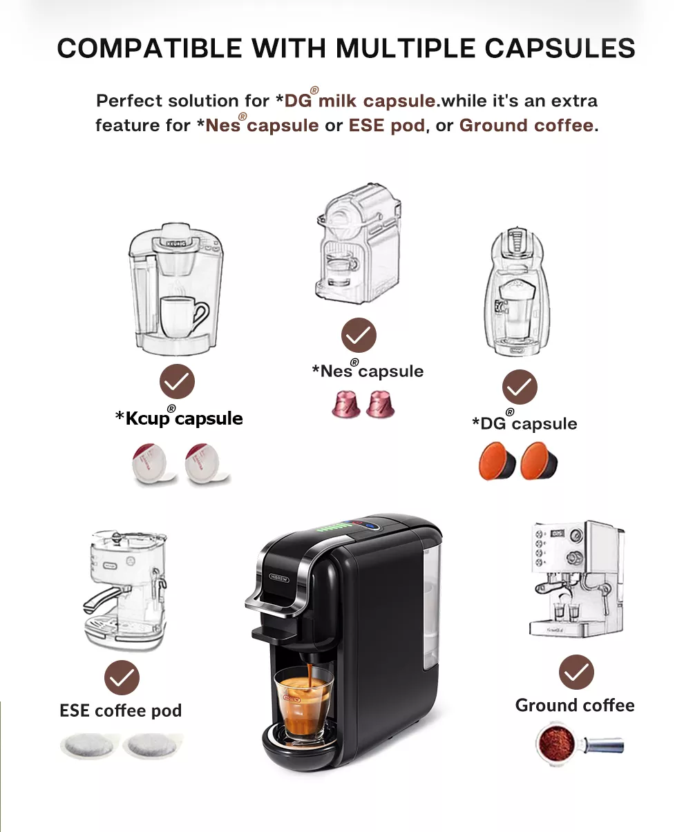 HiBREW Multiple Capsule Coffee Machine, Hot/Cold Dolce Gusto Milk Nespresso Capsule ESE Pod Ground Coffee Cafeteria 19Bar 5 in 1
