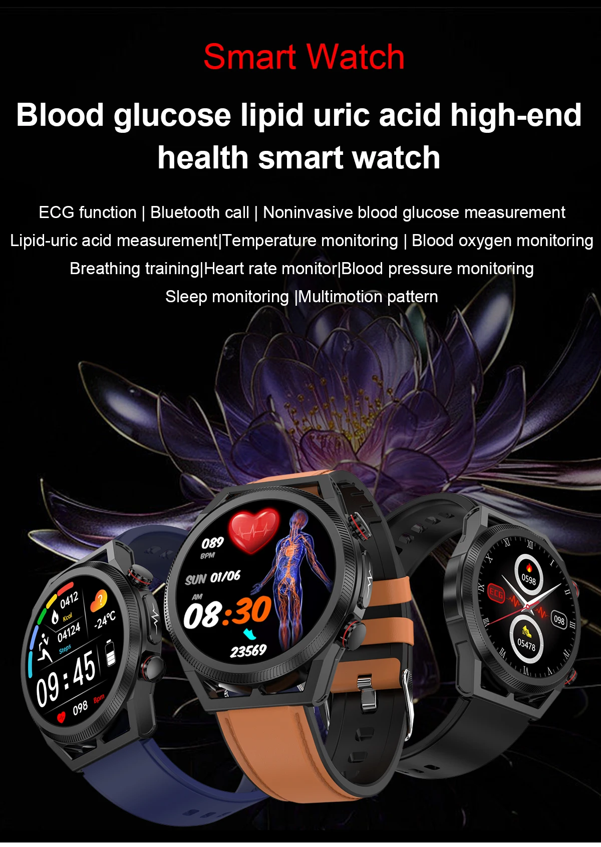 New Medical Grade Non-invasive Blood Sugar And Blood Lipid Smart Watch Men ECG Uric Acid Health Monitoring Bluetooth Call Watchs