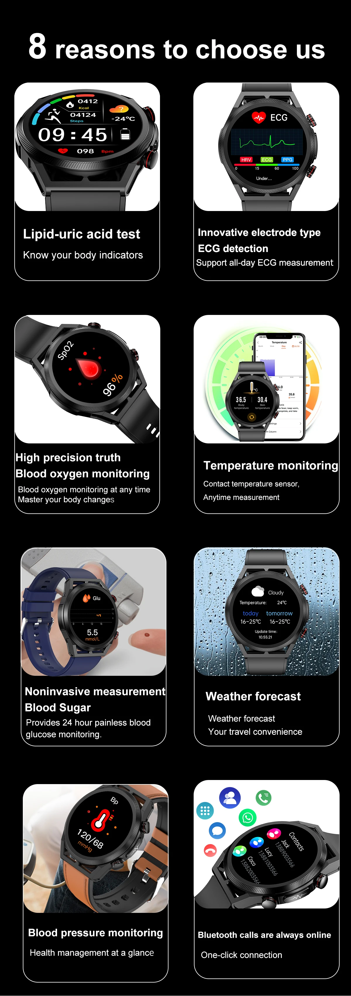 New Medical Grade Non-invasive Blood Sugar And Blood Lipid Smart Watch Men ECG Uric Acid Health Monitoring Bluetooth Call Watchs